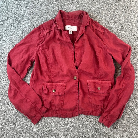 Caslon Jackets & Blazers - Caslon Utility Jacket Women's M Red 100% Linen Button Front Fisherman Lagenlook